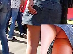 Denim mini petticoat upskirt episode