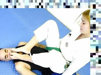 Teen karate student dominates her teacher with BIG feet (foot domination, foot smother, footdom)