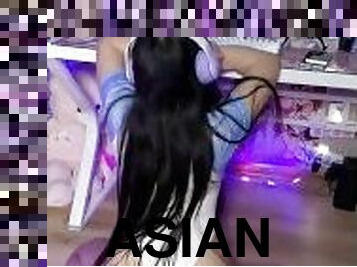 Cute Asian gamer girl is too wet to continue playing game.