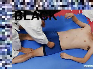 Black karate babe with small tits fucks young boy on the floor