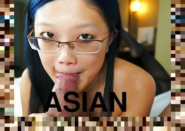 young babe asian in glasses edges stiff chopper - POV blowjob and cumshot