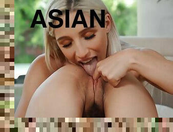 asiatisk, orgasme, fisse-pussy, lesbisk, par, blond, fiskenet, pragtfuld