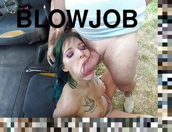 Blue-haired bitch in high heels gets anal from horny taxi driver