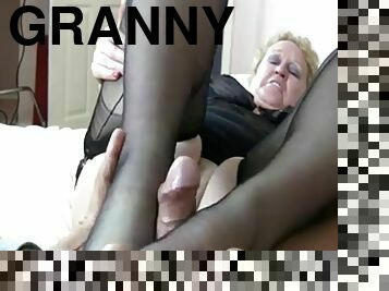 Granny footjob in nylons with cum