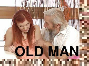Lovely redhead has crazy intercourse with old man