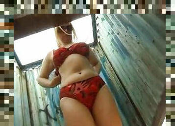 Hidden cam in a beach cabin catches two chubby women changing clothes