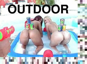 Outdoor pool sex party with big ass sluts cunt spread
