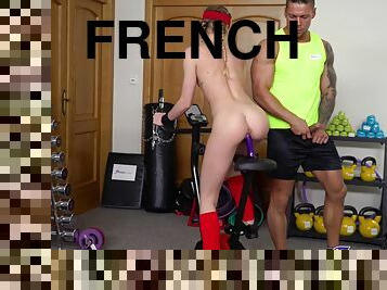 A sporty French chick is fucked hard in the fitness room. Pt.1