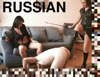 Intelligent Russian damsel unpinning her leather boots then loving her toes licked