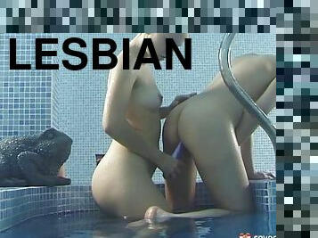 Awesome tanned lesbians enjoy toying and spooning their cunts in the swimming pool