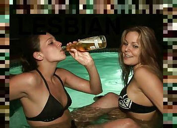 Drunk lesbian coeds in bikinis gets wild Outdoor in the pool
