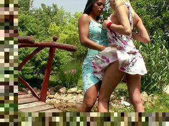 Outdoor interracial lesbian action with Dona Bell and Kyra Black