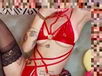 Bombshell touches self in lingerie to jazzy music with a cigarette