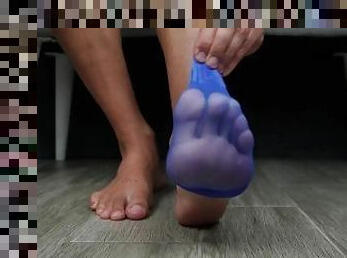 Big Male Feet Shine in Sheer Blue Socks! Feet Fetish!
