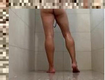 Wanking in public shower next to some dude