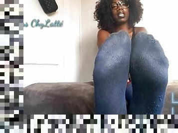 Filthy Blue Socks Humiliation Goddess Chy Latte Ebony Foot Fetish Sock Fetish Foot Worship Soles