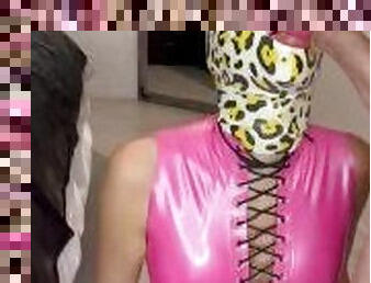 LATEX CAT HOOD GIRL DEEPTHROATING COCK AND BEING BENT OVER DOGGY STYLE