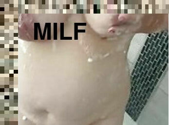 Horny milf soaping up my big milf tits, scrubbing my dirty pussy clean
