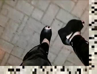 Sexy crossdresser in very high heels in public
