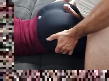 Rubbing on perfect ass and huge cumshot on yoga pants