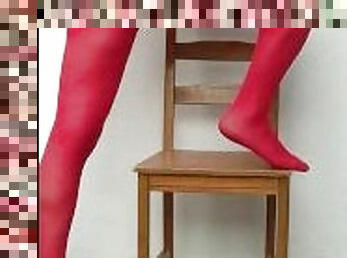 Sexy crossdreser Jerking off in red pantyhose - man in red pantyhose