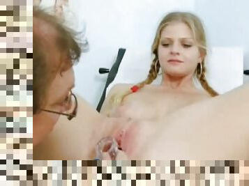 Sexy tits on cute pigtailed girl in exam room