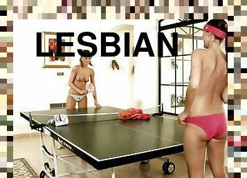 Two naughty brunettes have a sex after playing ping pong
