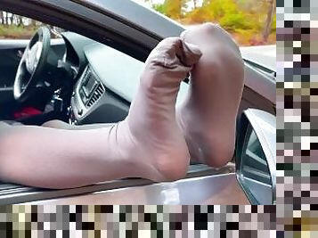 Goddess Foot Teasing In Gray Opaque Pantyhose In The Car
