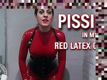 Pissing in My Red Latex Catsuit - Lady Bellatrix has a pee in the shower in rubber