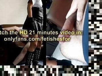 Sexy leather goth schoolgirl does thighjob with her sexy ebony legs riding & buttdrops makes him cum