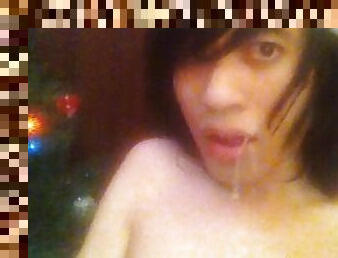Emo boy jerks off for X Gay Christmas, accidentally cums on his own face, eats his cum while smiling