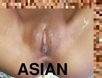 Perfect asian pussy had to creampie after condom breaks