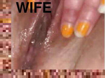 Wife playing with a pussy full of cum she got while at the glory hole