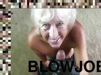 Handjob blowjob blonde granny to eat cum