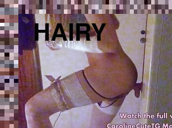 Sissy with Hairy Bush enjoys Dildo in her Ass, Crossdresser wearing G-string, hairy Dick and armpits