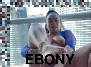Ebony Redbone with pretty feet squirt on high rise balcony (squirt in camera)