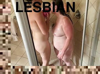 TEEN and BBW lesbians washing each other in the shower  tongue kissing and pussy rubbing