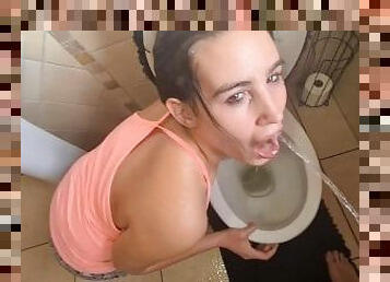 Human toilet girl gets her face soaked with piss over the toilet