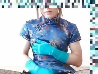 Satin Cheongsam - Japanese  Crossdresser wearing Blue China Dress: FULL VID ON ONLYFANS
