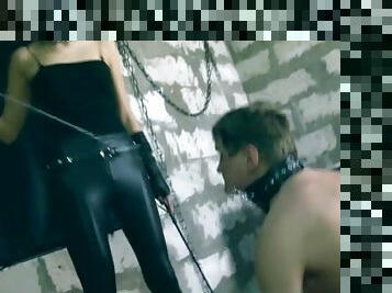 Chick in leather pants abuses his ass