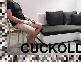 Handcuffed cuckold watches as his wife fucks with her lover