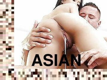 asiatisk, store-patter, kæmpestor-pik, creampie, liderlig, knepning-fucking, skede, patter, nærbillede, røvhul