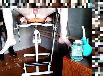 Mistress washes slave's ass with two different enemas