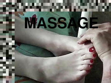  Domme Receives Foot Massage From Naked male slaves