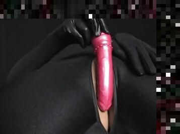 Super babe in black spandex zentai full body suit masturbates with pink dildo