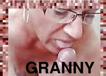 Short haired granny with glasses gives blowjob with cum in mouth