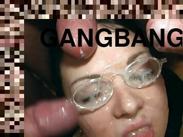 Gangbanged secretary takes three sticky cumshots on her glasses