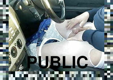 Wanking on public carpark in pink pantyhose tights panties 