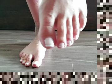 My hot feet in socks getting them naked to expose new French pedicure toes