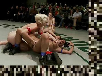 Nasty girls fight in a ring and fuck in rough catfight show